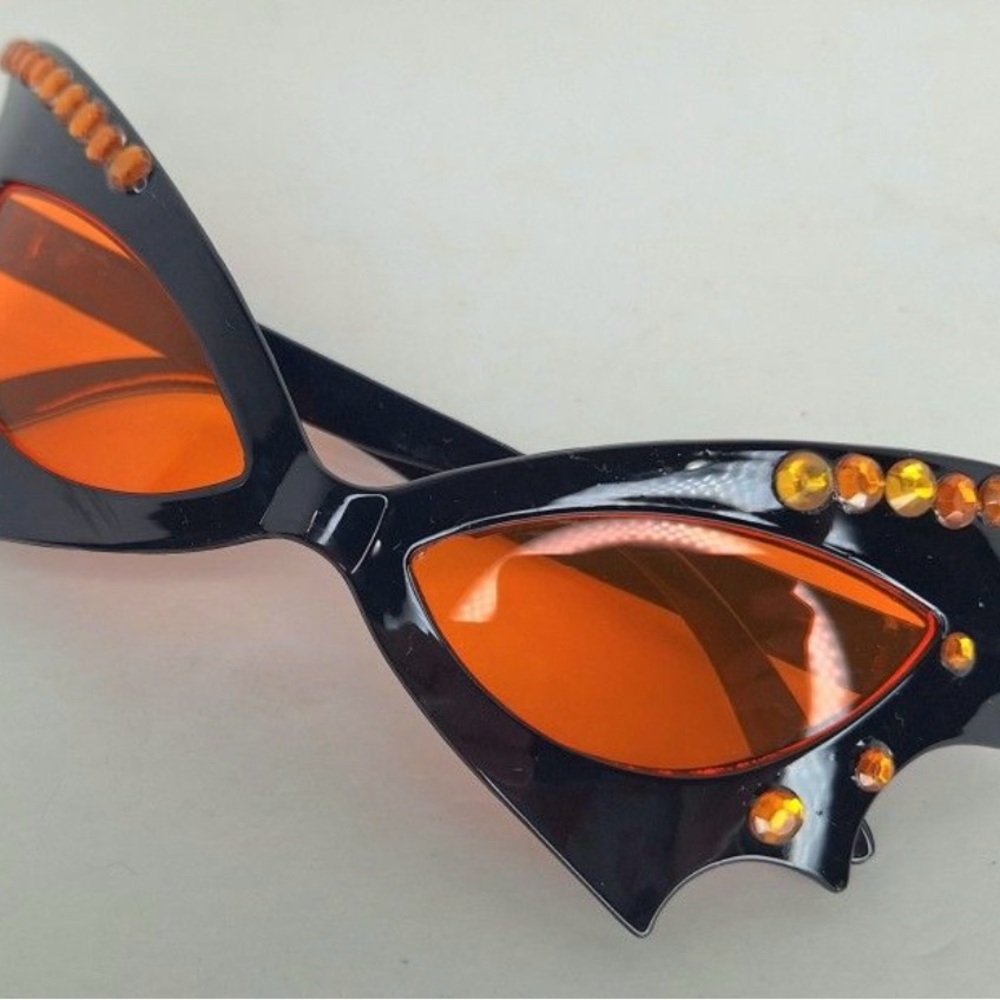 Orange and Black Bat Wing Sunglasses with Rhinestone Embellishments